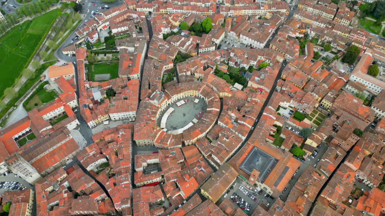 Aerial drone view of the Lucca city on the Serchio river in Italy's Tuscany region