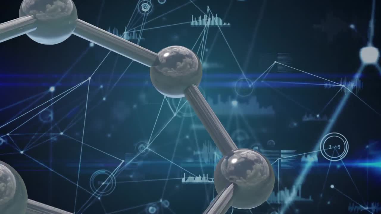 파란색 배경에 네트워크를 통해 분자의 마이크로 3d 애니메이션