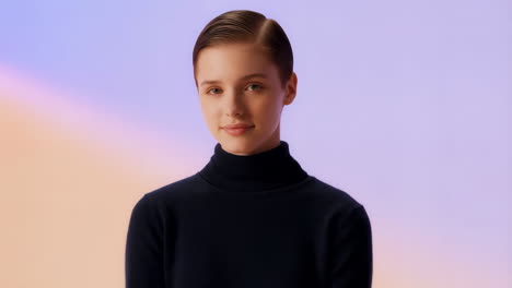 elegant portrait of a young person in a black turtleneck