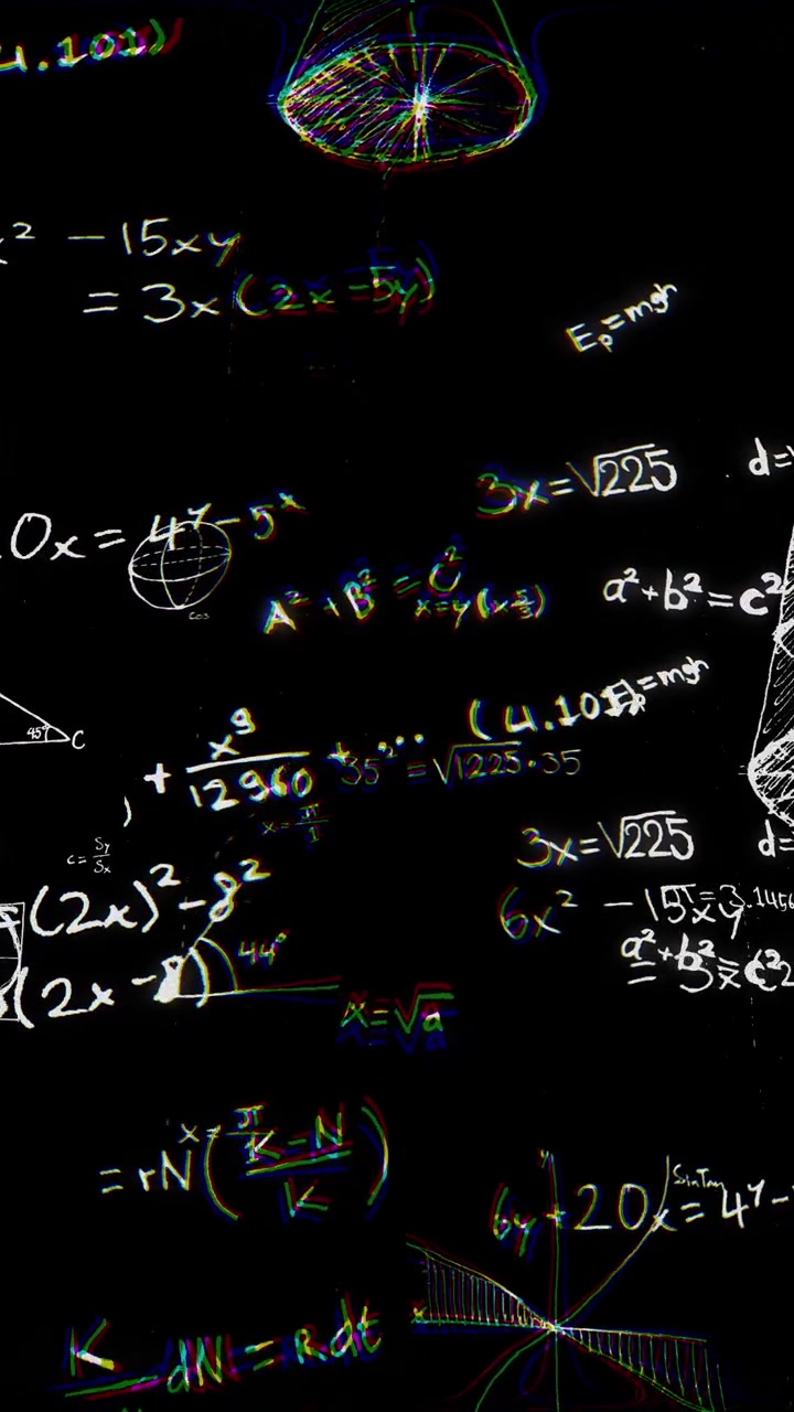 3D animated white chalk hand-drawn math formulas drifting on dark. Vertical 4K overlay or background footage.