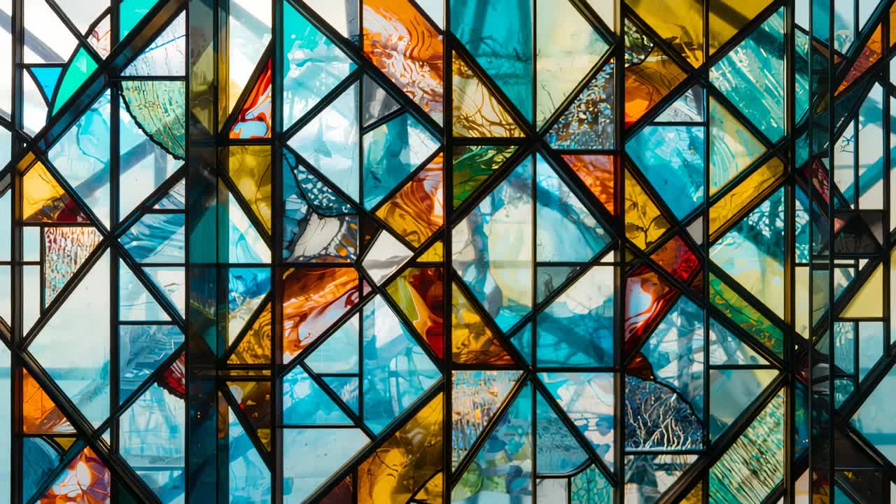 Starting camera panning exploring stained glass window at chapel, with metal leading framing panels