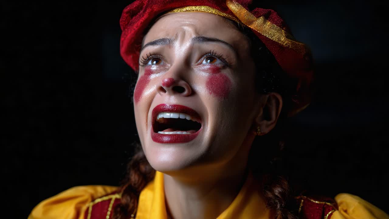Retrato emocional de un payaso: capturando la intensa expresión de un artista en apuros y la transformación de la desesperación al desafío, evocando sentimientos profundos