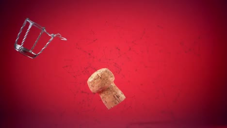 Network-of-connections-floating-over-champagne-cork-and-opener-falling-against-red-background
