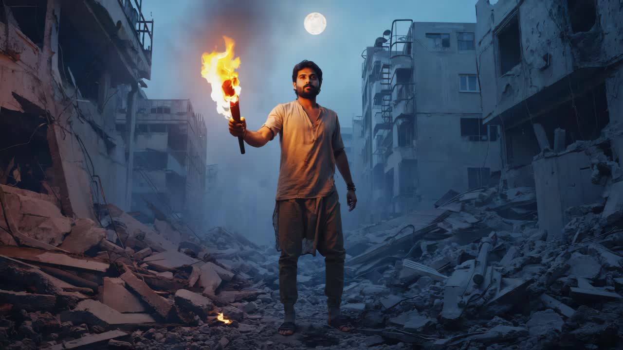 Man with Torch in a Destroyed City
