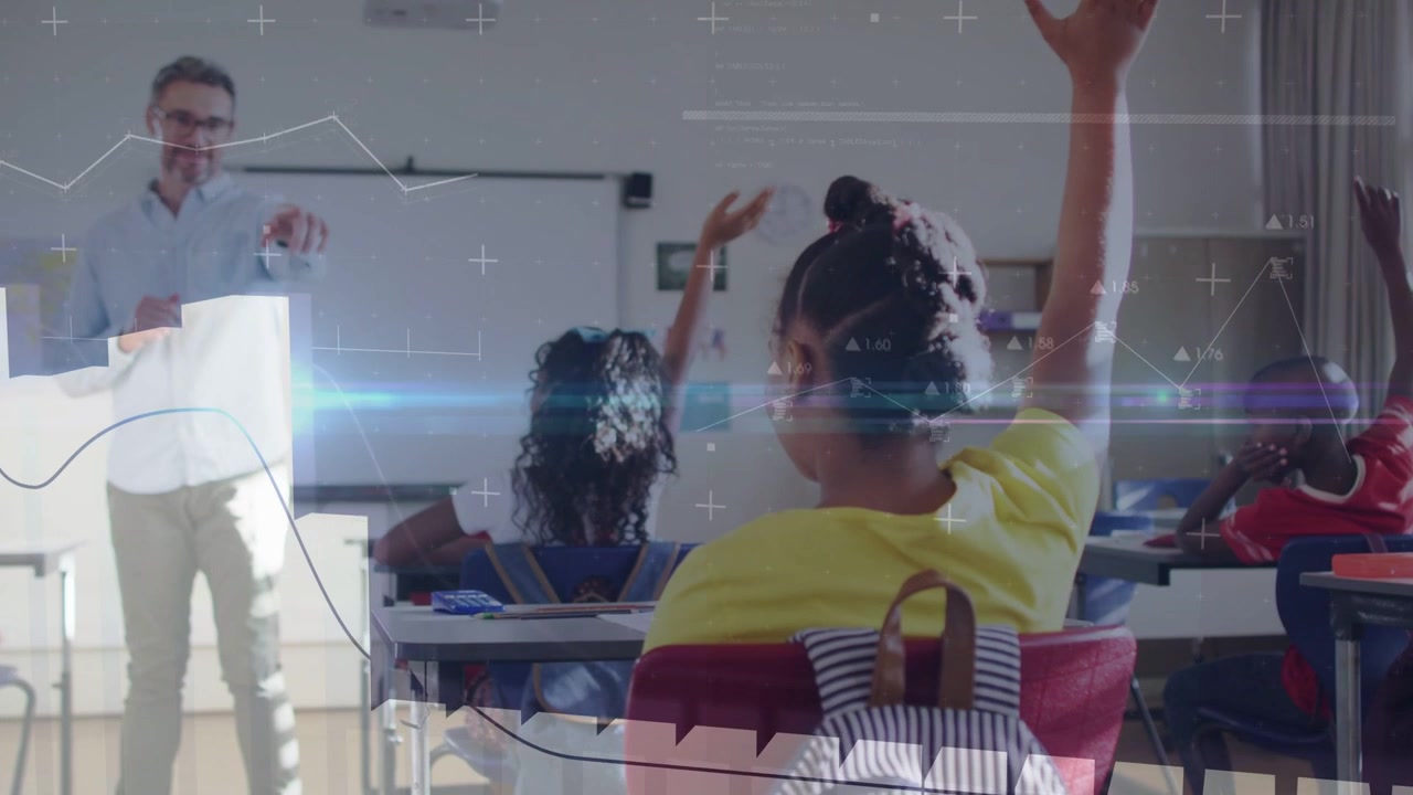 Teacher gesturing girl in yellow raising hand to answer while chart overlay growing over classroom