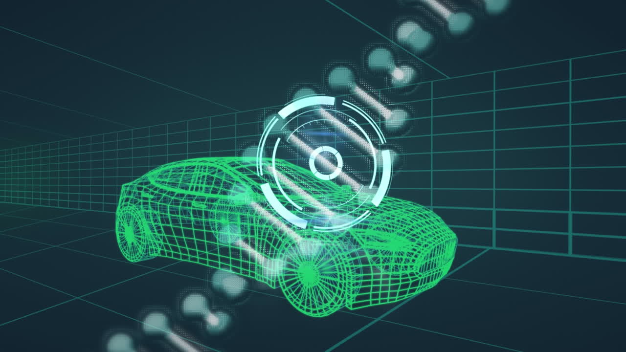 자동차와 그리드의 3d 드로잉 모델에 대한 dna 가닥 회전 및 범위의 애니메이션