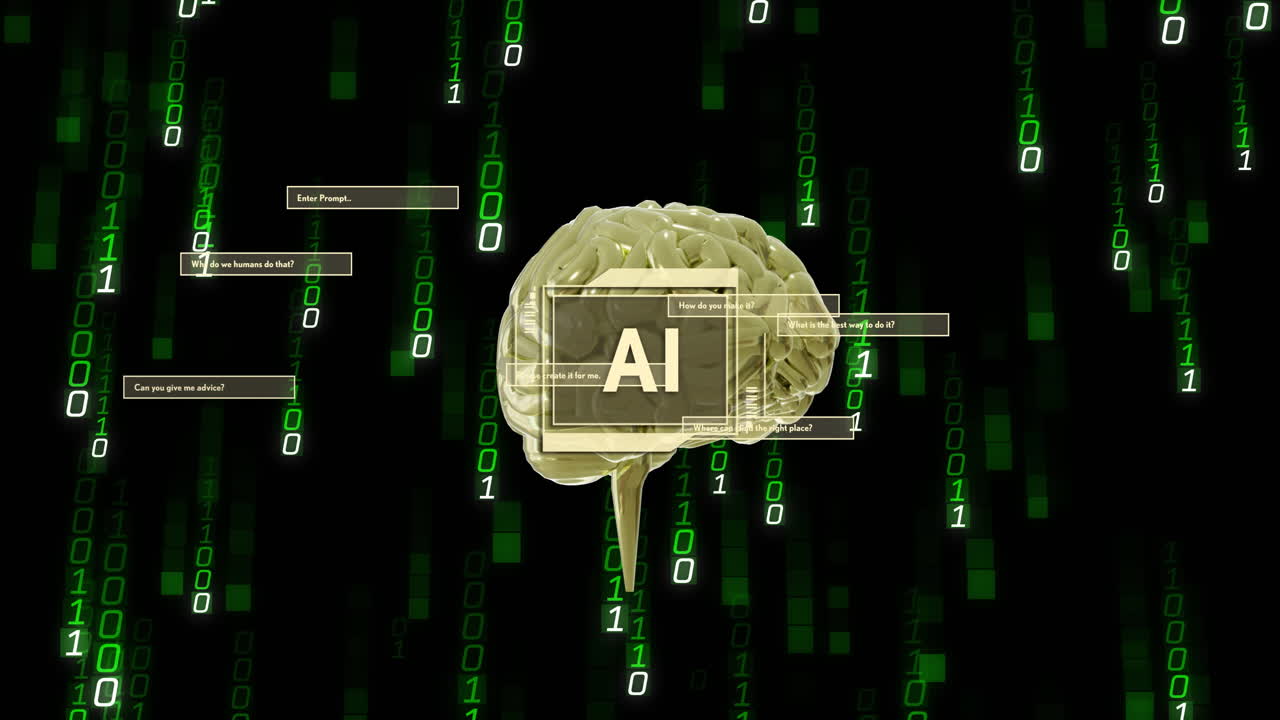 animación de un texto, cerebro y procesamiento de datos sobre un fondo negro