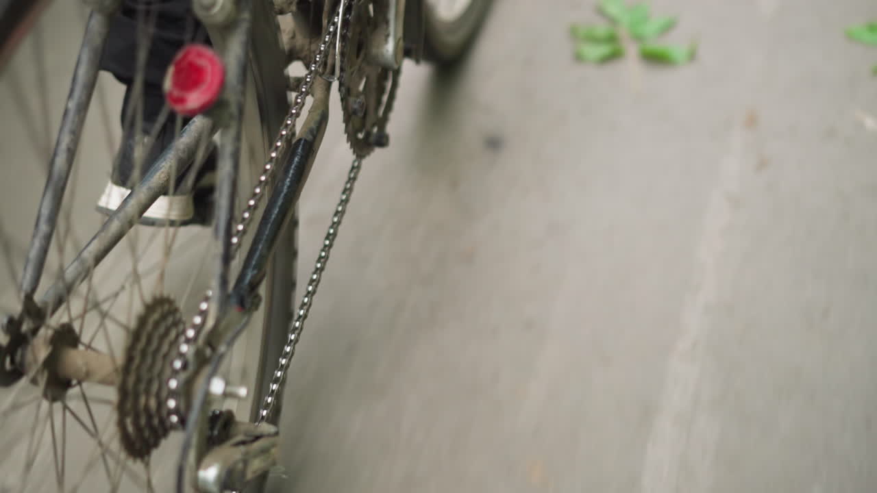 검은색 바지와 스니커를 입은 사람이 부드럽고 타르로 된 도로에서 자전거를 페달을 는 근접적인 뒷면, 땅에 어져있는 잎과 함께  차선 표시를 볼 수 있습니다.