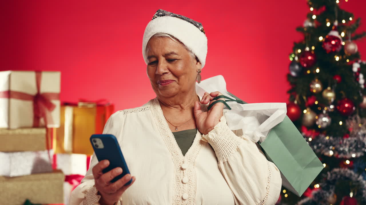 Woman doing Christmas shopping and taking selfie