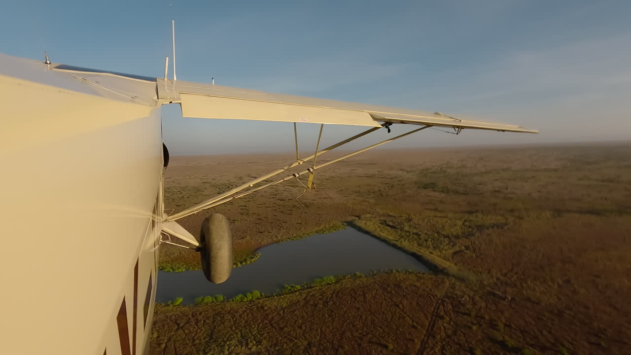 Vista laterale di un piccolo aereo sopra arbusti erbosi e uno specchio d'acqua.