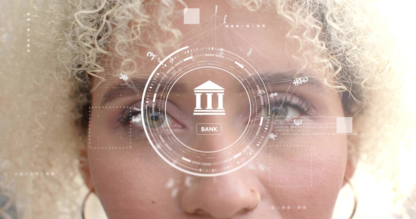Bank user opening eyes as semi-transparent HUD fading in, scanning rotating currency icons
