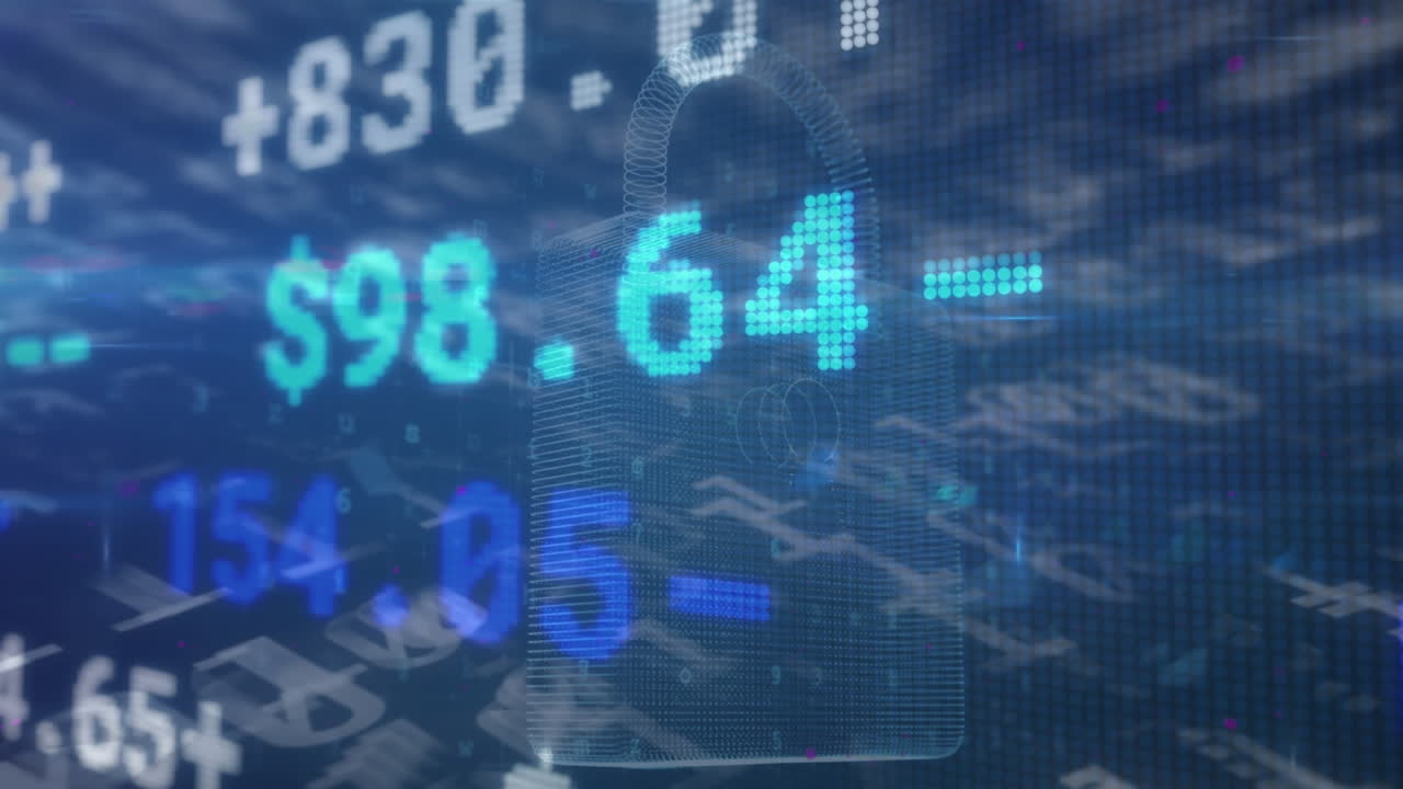 animazione del lucchetto di sicurezza sull'elaborazione dei dati finanziari e la codifica binaria