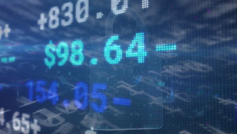 Animation of security padlock over financial data processing and binary coding