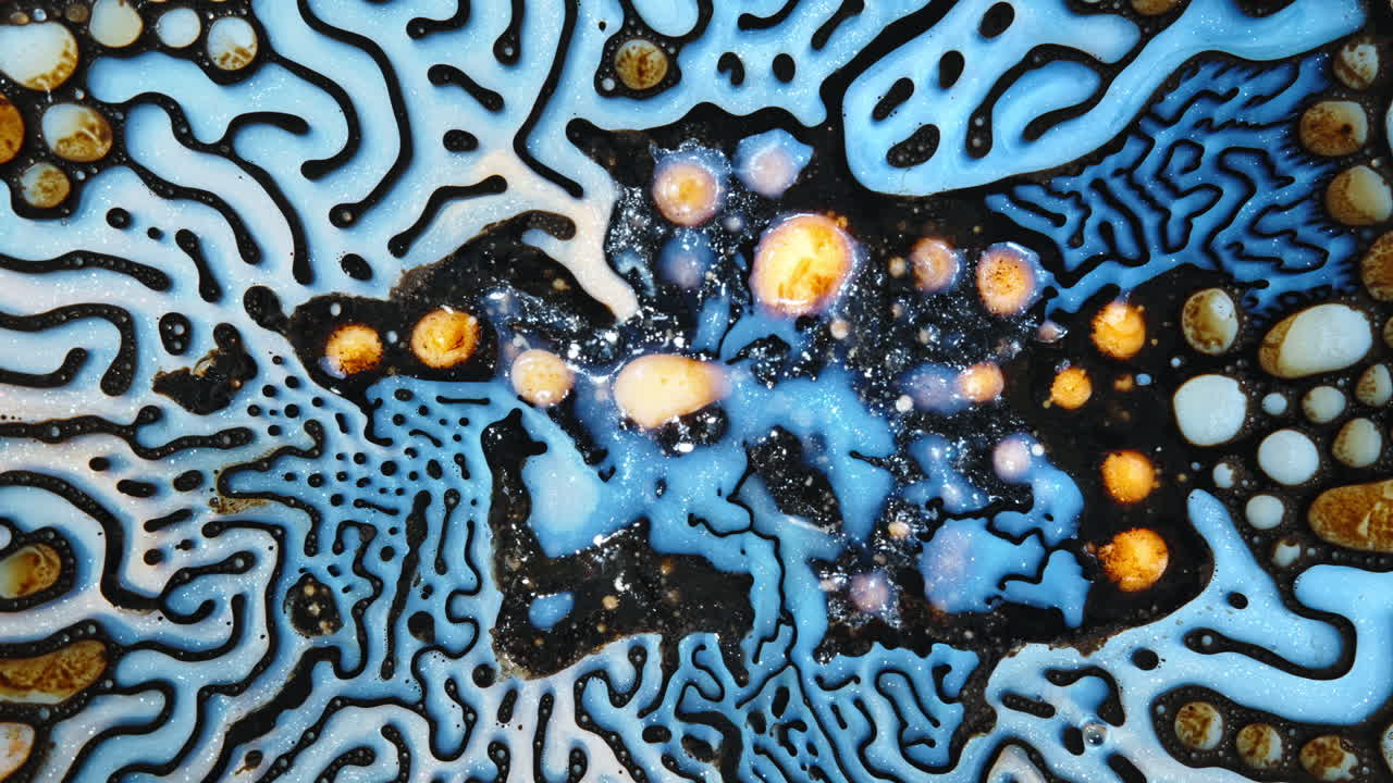 Swirling patterns of blue, black, and gold as liquids interact and create an organic abstract design