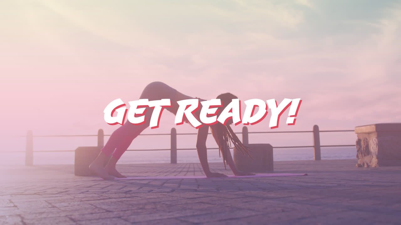 Animation of get ready text over biracial woman exercising on promenade
