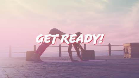 animation of get ready text over biracial woman exercising on promenade