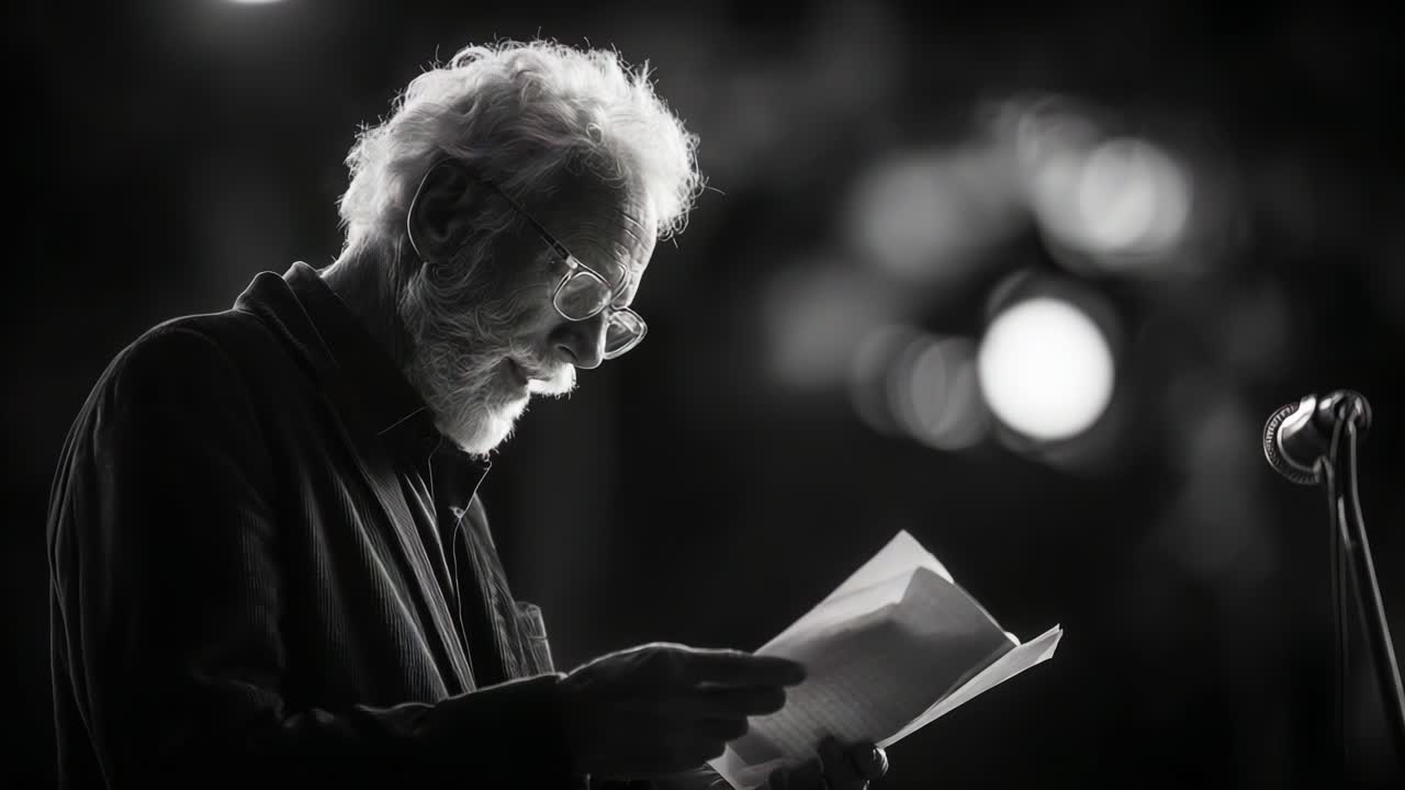 An Introspective Moment of Reflection and Expression Captured in Monochrome - A Performer Engaged in Reading Aloud with Deep Concentration and Thoughtful Emotion in a Dimly Lit Space