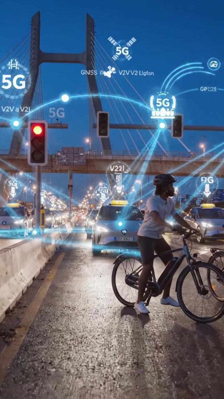 Scena di traffico urbano che cattura l'intersezione tra trasporto moderno e tecnologia avanzata, mostrando veicoli e ciclisti illuminati dalle luci della città in un'ambientazione vivace.