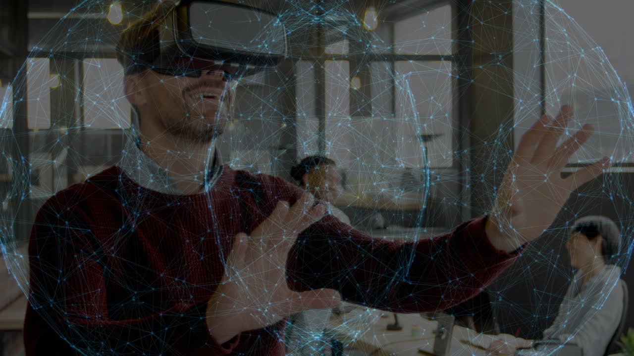 animación de la red de conexiones sobre el hombre de negocios caucásico usando auriculares vr