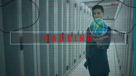 animation of hacking text banner over caucasian businessman holding invincible object in server room