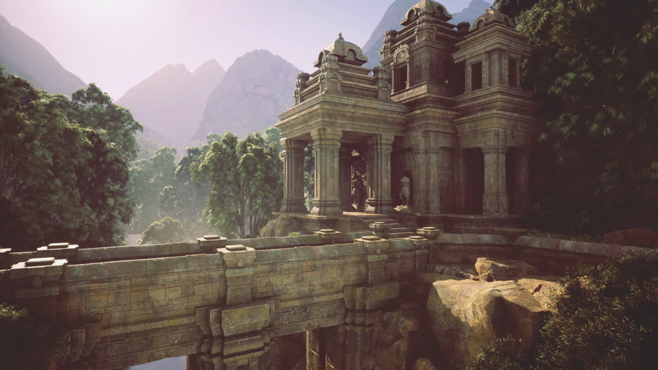 Ancient temple ruins surrounded by lush greenery and mountains at sunset