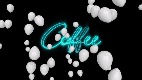 Animación-De-Texto-Café,-En-Letras-De-Neón-Azul-Con-Globos-Blancos-Sobre-Fondo-Negro