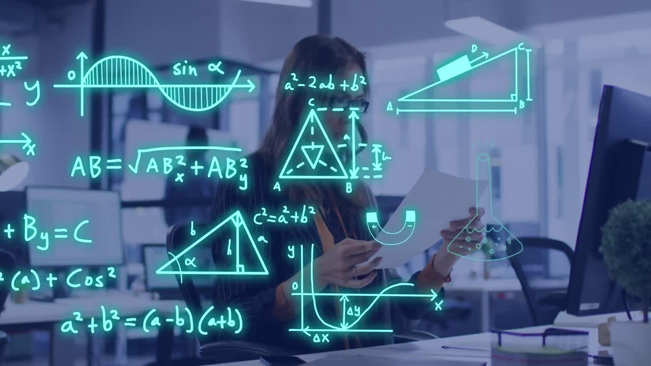 animación del procesamiento de datos sobre una estudiante caucásica