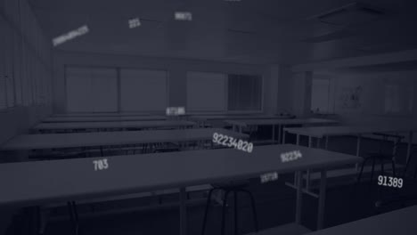 Digital-composition-of-multiple-changing-numbers-floating-against-empty-classroom-in-background