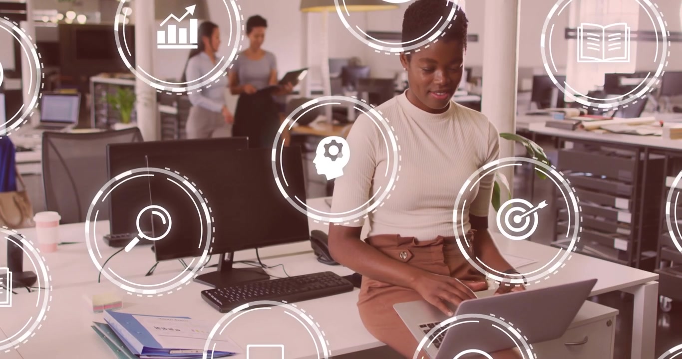 Business pro typing on laptop with data icons floating, colleagues discussing tablet exiting office