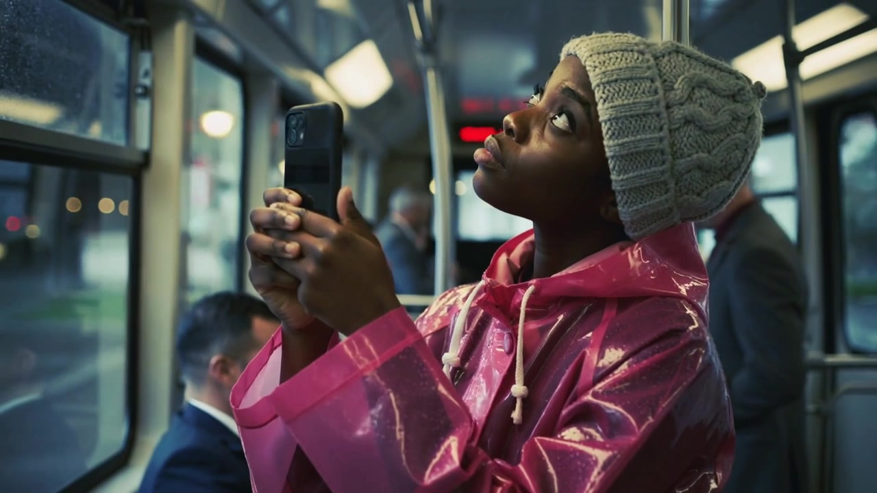 Raising commuter wearing knit beanie and pink coat angling smartphone on bus to frame street lights