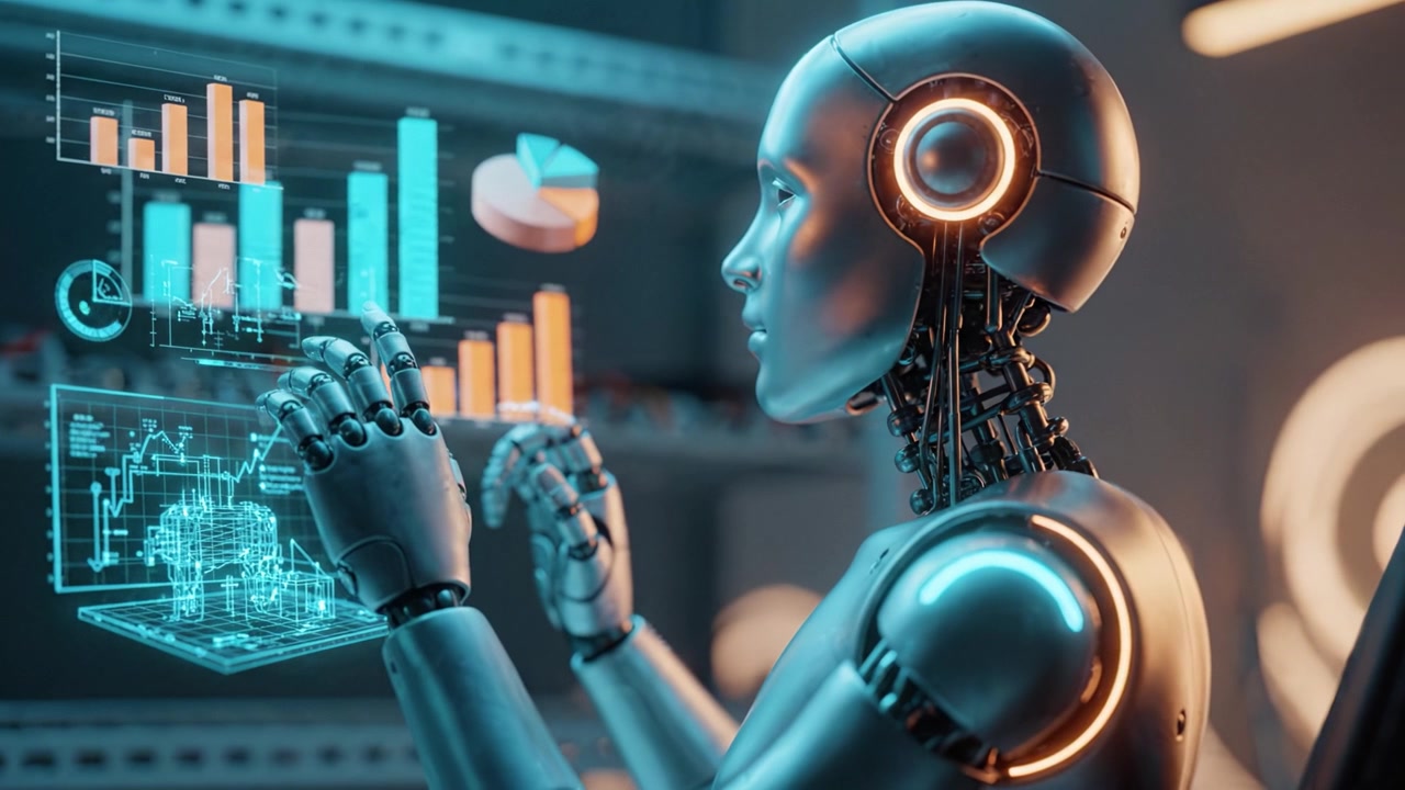 Futuristic Robot Analyzing Data Visualizations with High-Tech Graphs and Dynamic Charts in a Sleek Sci-Fi Environment of Advanced Artificial Intelligence Technology