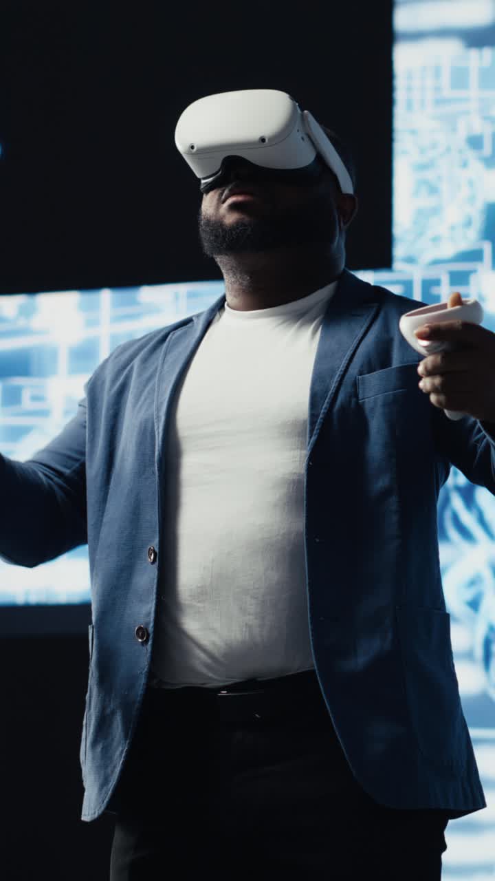 African American Man Interacting with Virtual Reality Using VR Headset and Controllers