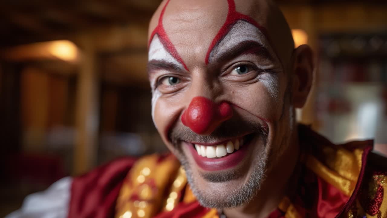 A Closer Look at a Joyful Clown with Vibrant Face Paint, an Engaging Smile, and Expressive Features Captured in a Cheerful Setting