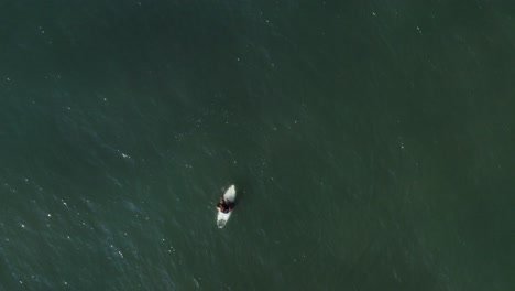 Surfer-sitting-and-relaxing-on-surfboard-in-ocean,-aerial-top-down-view