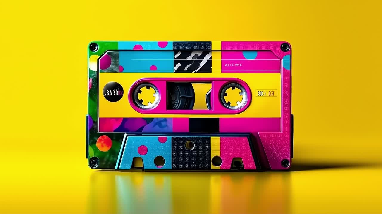 A pink cassette tape on a yellow background