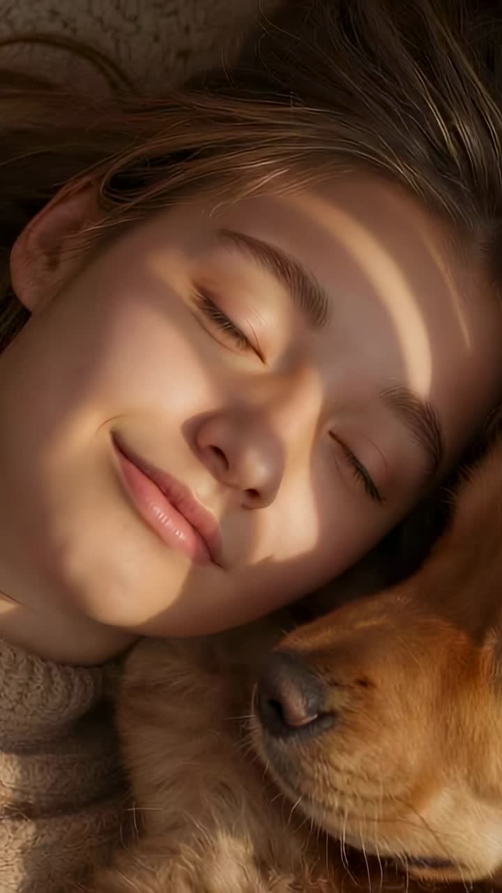 Video verticale: un adolescente in maglione si sveglia con il sole che filtra e apre gli occhi sul letto, mentre un cane dorato si accoccola.