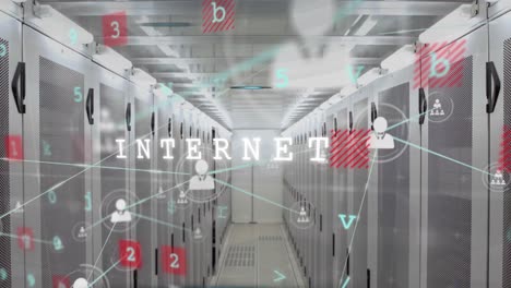 animation of business concept texts and network of profile icons against computer server room