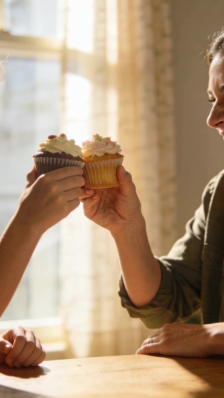 Video verticale: Sorridendo mentre iniziano un brindisi, una donna in maglietta verde e un'altra che alzano dei cupcake alla finestra