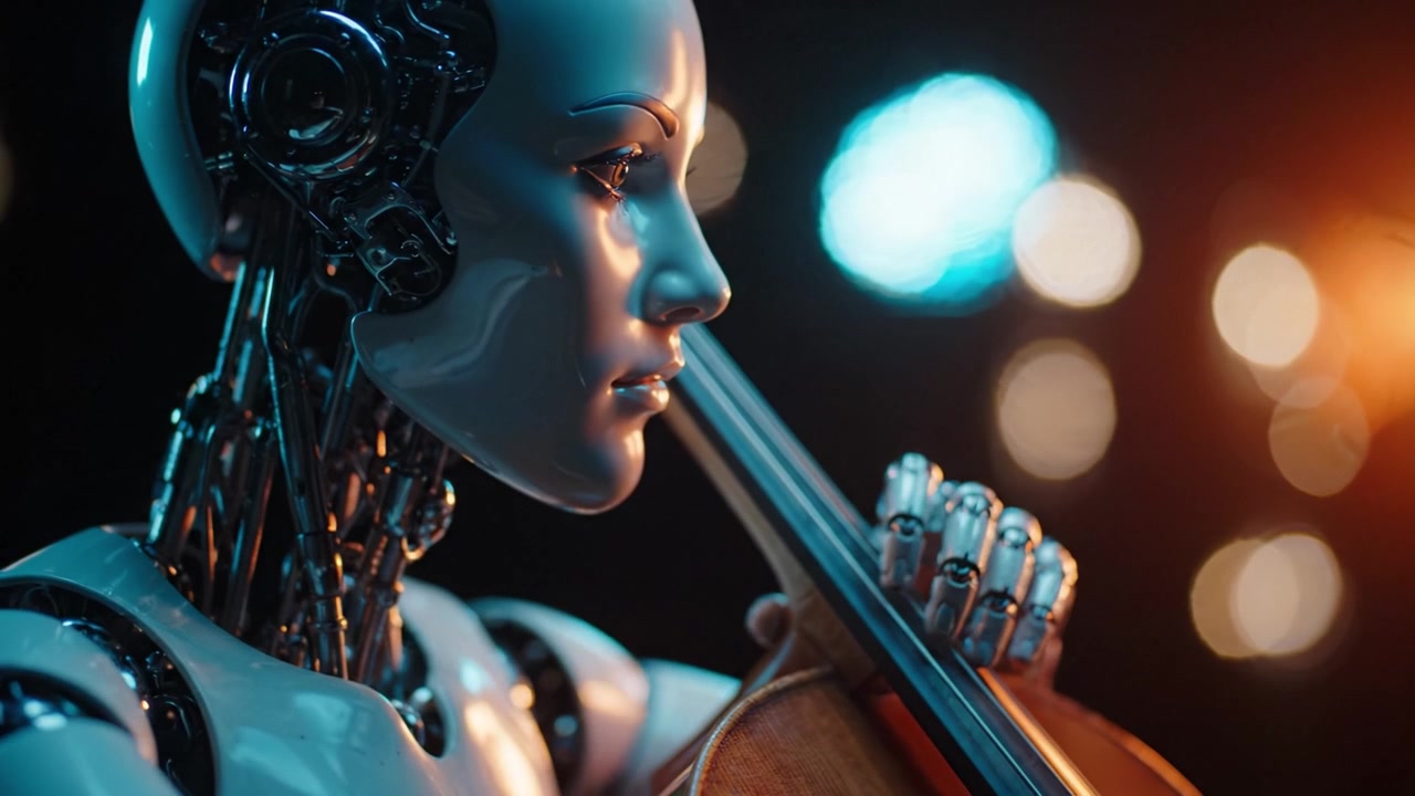 Un musicista robotico futuristico affascina in un momento sereno, suonando abilmente un violoncello su uno sfondo di luci soffuse e brillanti, fondendo tecnologia e arte.