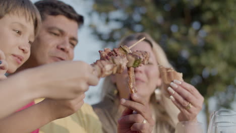 happy family toasting shaslik, meat and hotdog at barbecue party