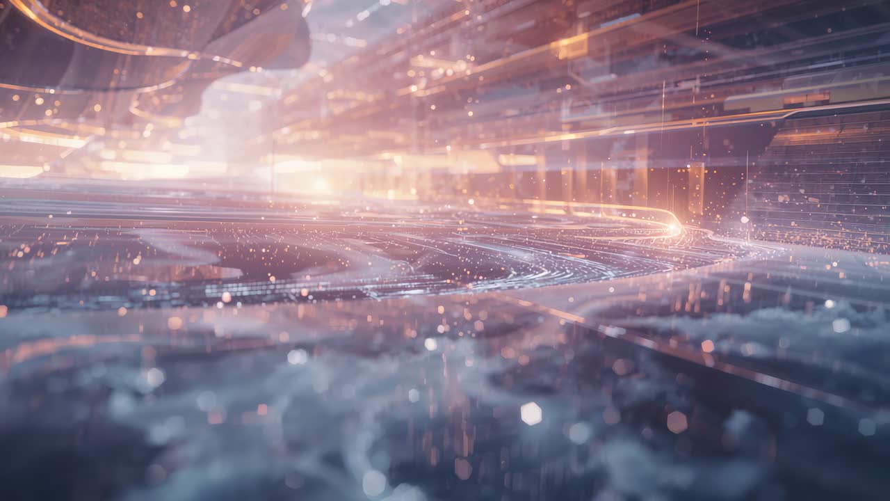 Gliding camera revealing glowing curved pathway at futuristic cavern, ribbon moving toward horizon