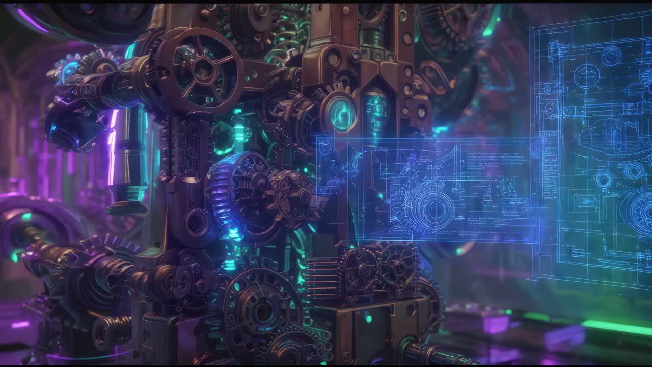 Futuristic Mechanical Design with Holographic Blueprint