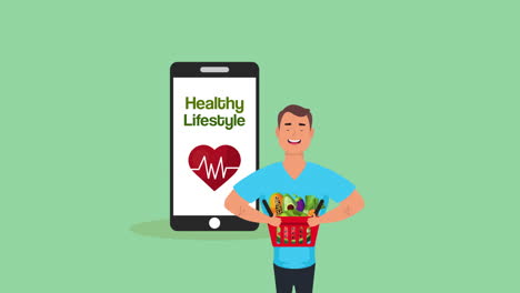 joven con un estilo de vida saludable y comida vegana en su teléfono inteligente