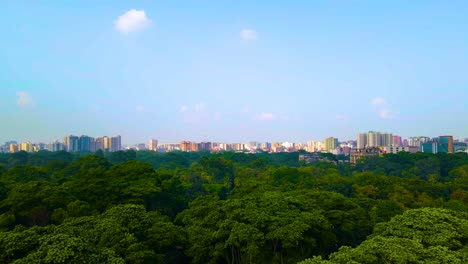 Dhaka-Bangladesh-green-zone-park,-city-skyline-buildings,-aerial-descending