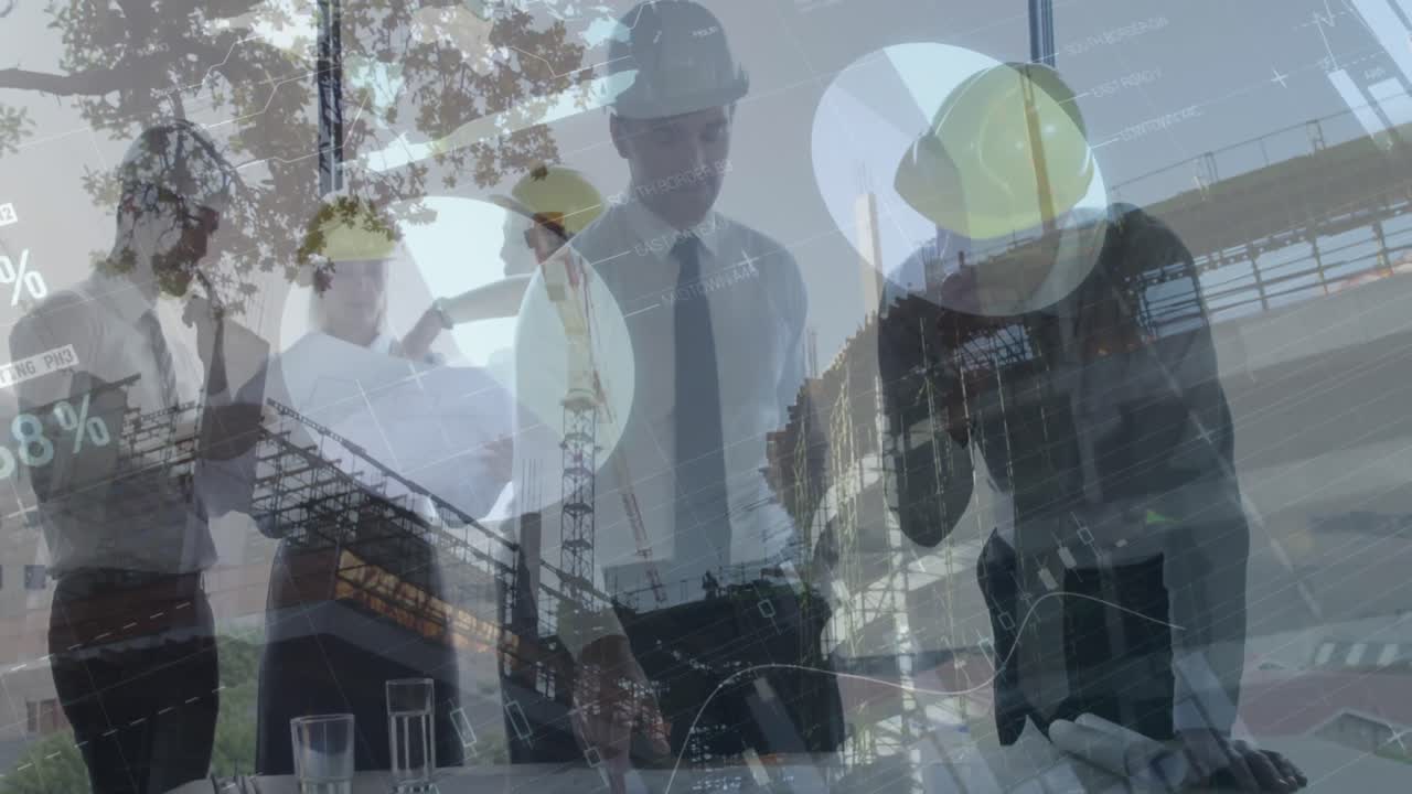 animación del procesamiento de estadísticas sobre arquitectos masculinos y femeninos hablando en el sitio de construcción