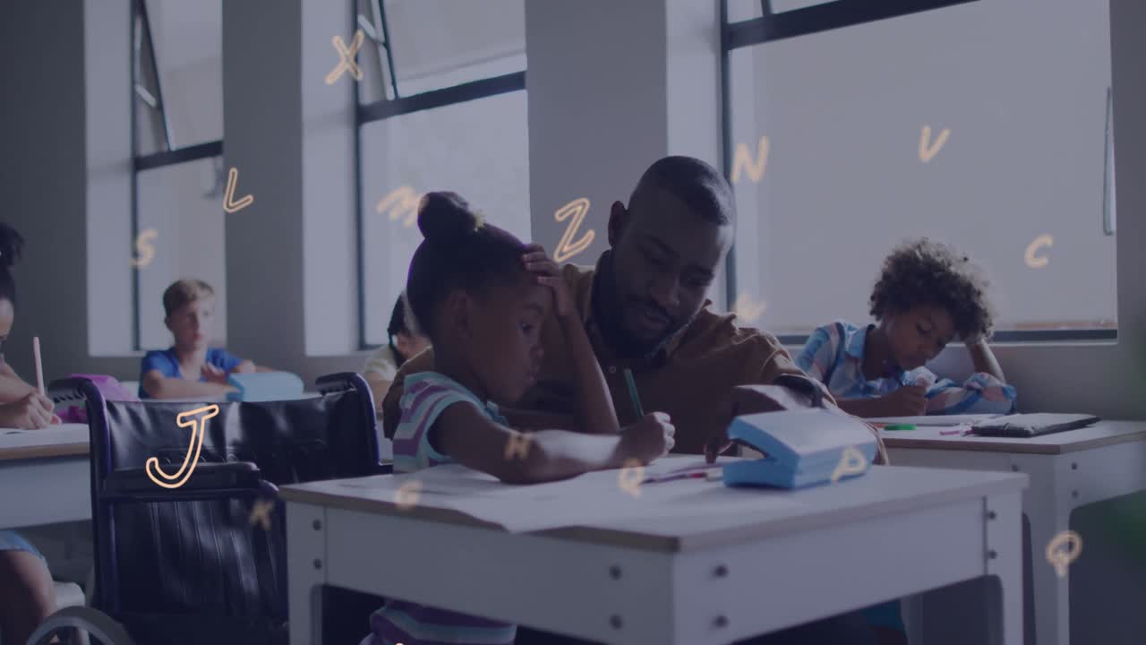 Animation of letters over african american male teacher and schoolgirl talking at desk in class