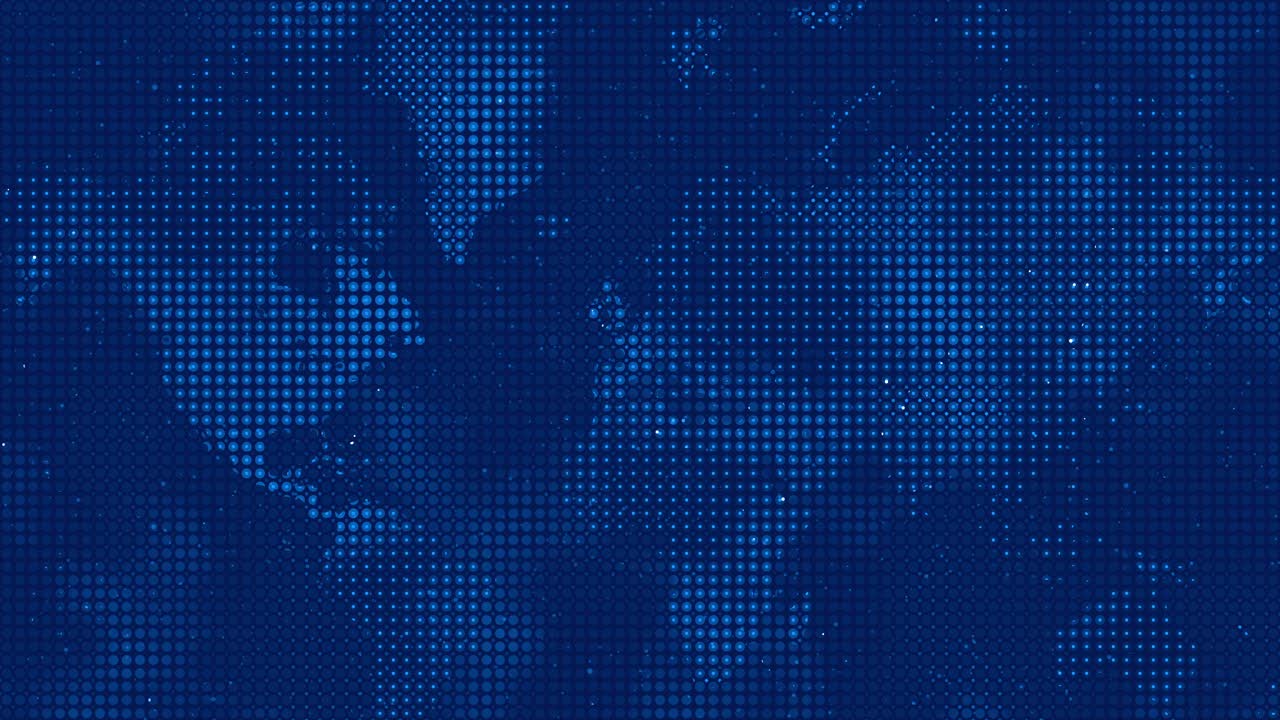 Loopable Blue Halftone Dots World Map with Particle Effects - seamless loop motion, Earth as a Digital Planet - representing data and global networks