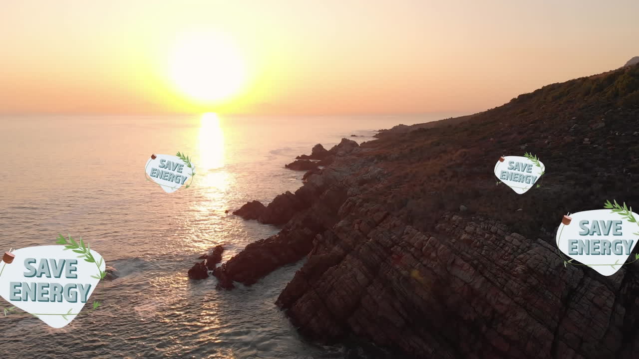 에너지 절약 텍스트, 지속 가능성 및 생태학 아이콘을 풍경 위에 애니메이션