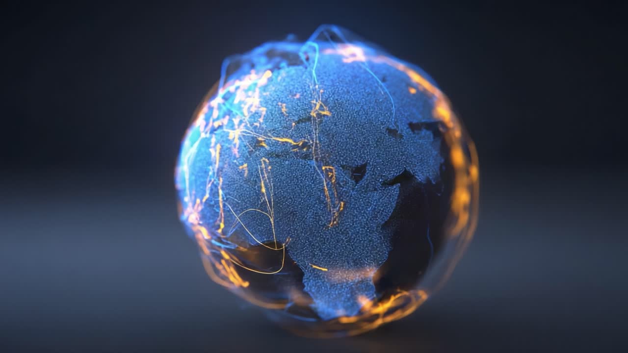 Dynamic Representation of a Digital Globe with Interconnected Lines in Blue and Orange, Illustrating Global Connections and Technological Networks in a Visually Striking Design