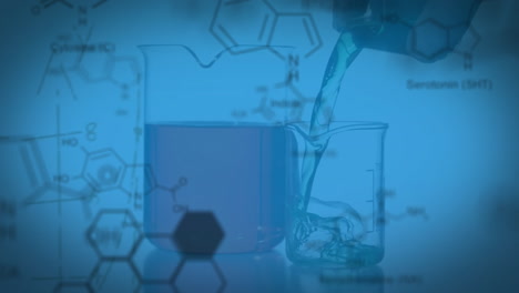 Animation-of-molecule-structures-over-liquid-falling-in-laboratory-flask-against-blue-background